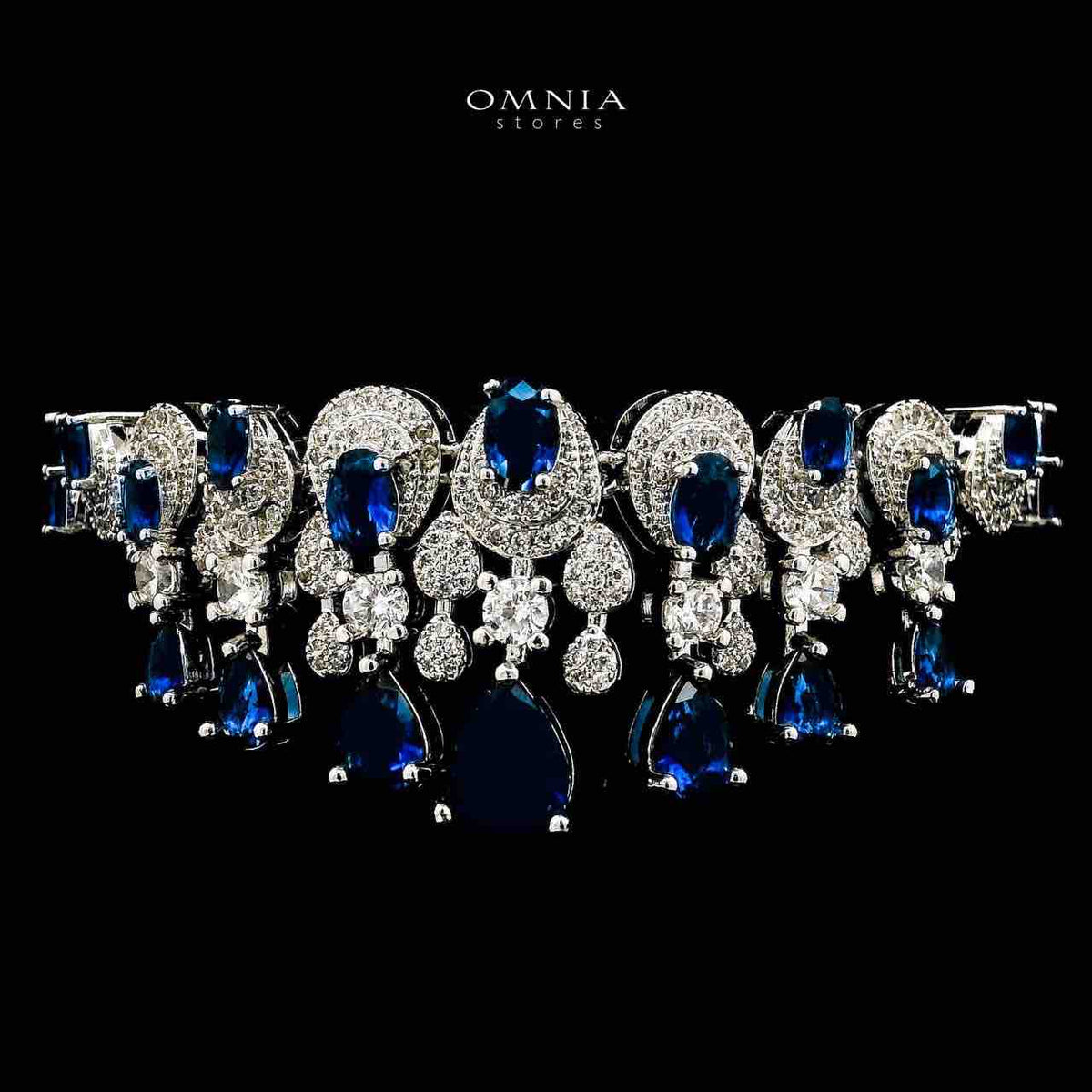 Omnia Aleya Blue Bridal Full Long chain Set in High Quality Simulated Diamonds Rhodium Plated - OMNIASTORES UAE