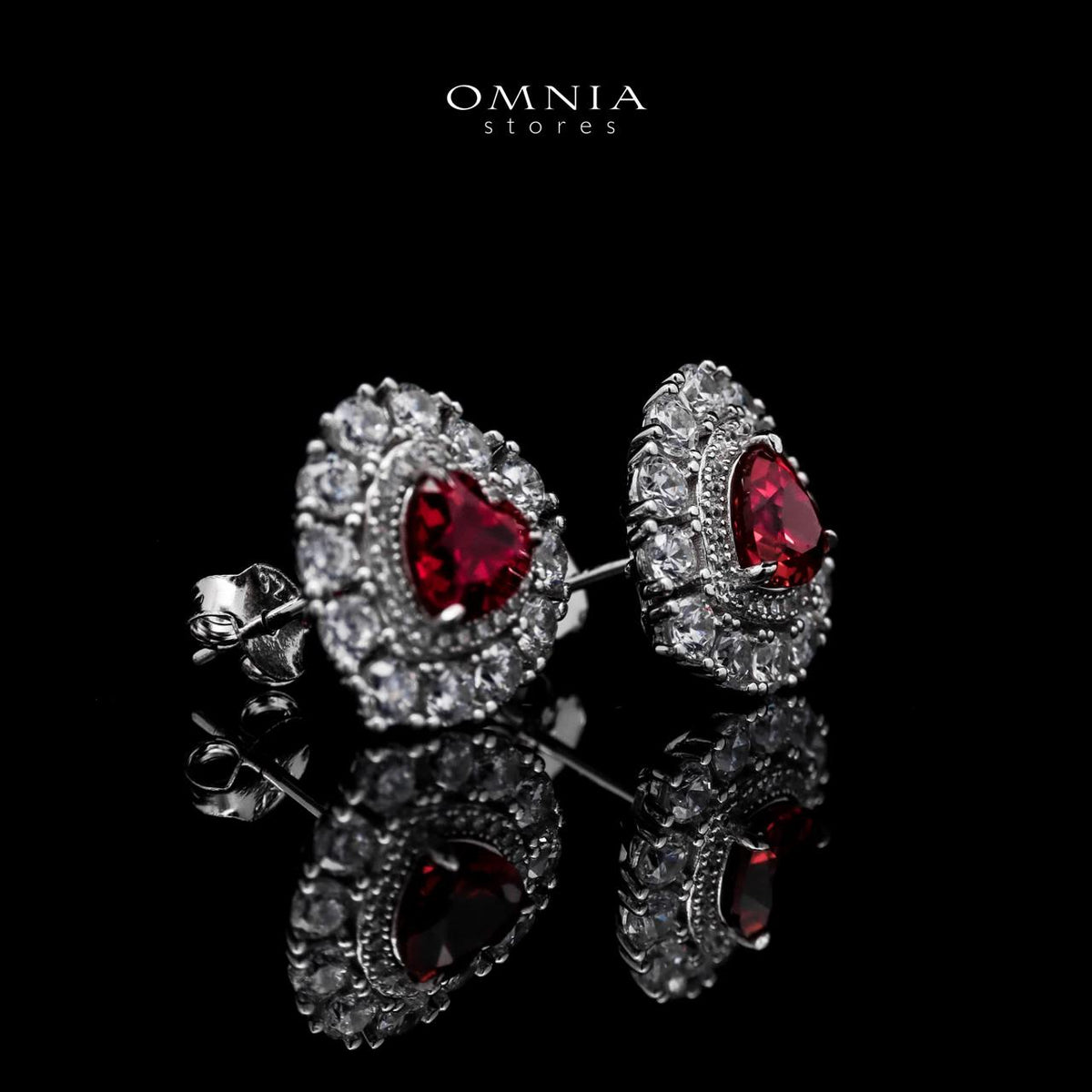 Omnia Lulwaan Silver Heart Earrings In 925 Silver High Quality GRC Certifited Red Lab Grown Ruby Stones - OMNIASTORES UAE