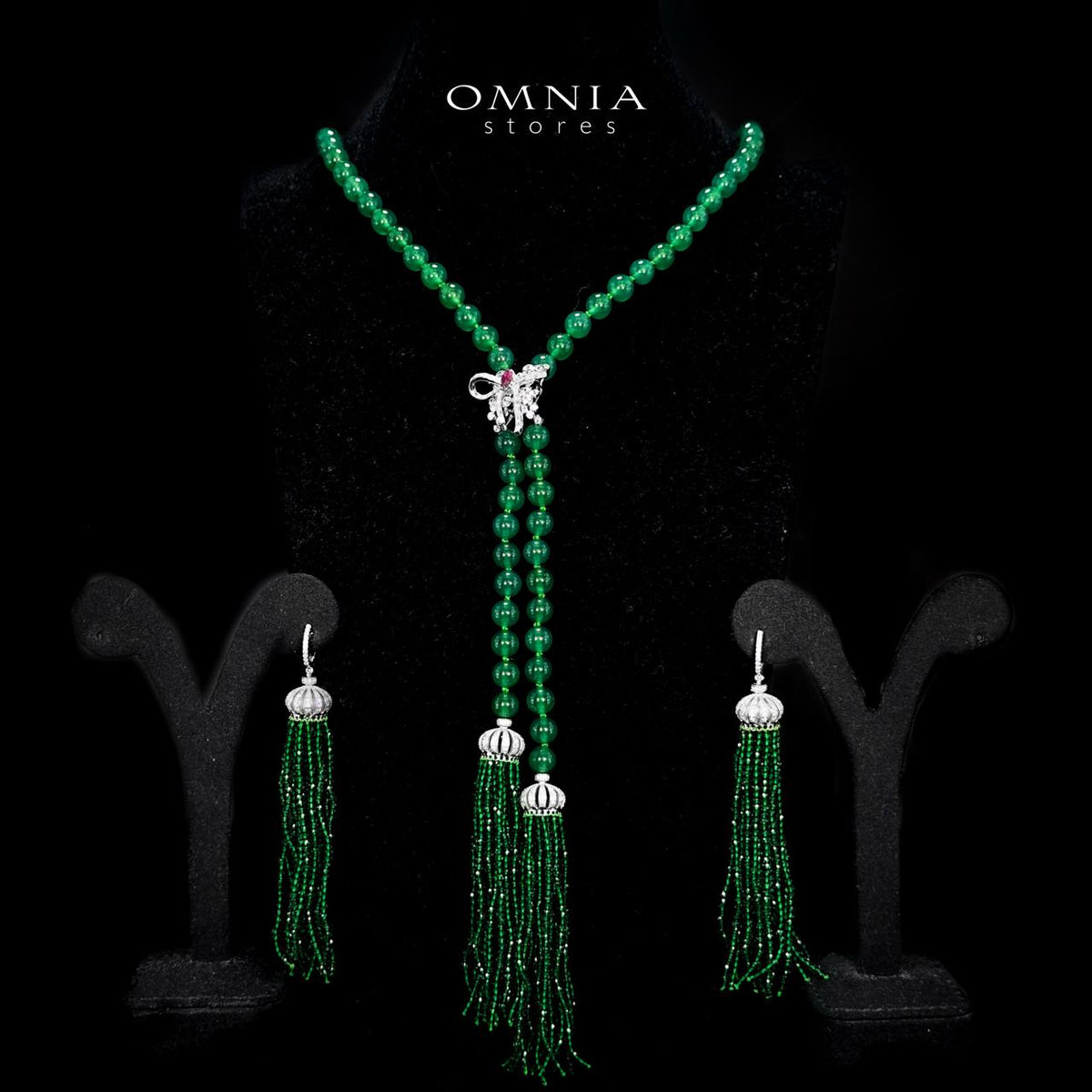 Omnia Lahitha Green Fresh Real Water Pearl Long Chain Necklace & Drop Pearl Earrings in 925 Silver with High-Quality Simulated Diamonds - OMNIASTORES UAE
