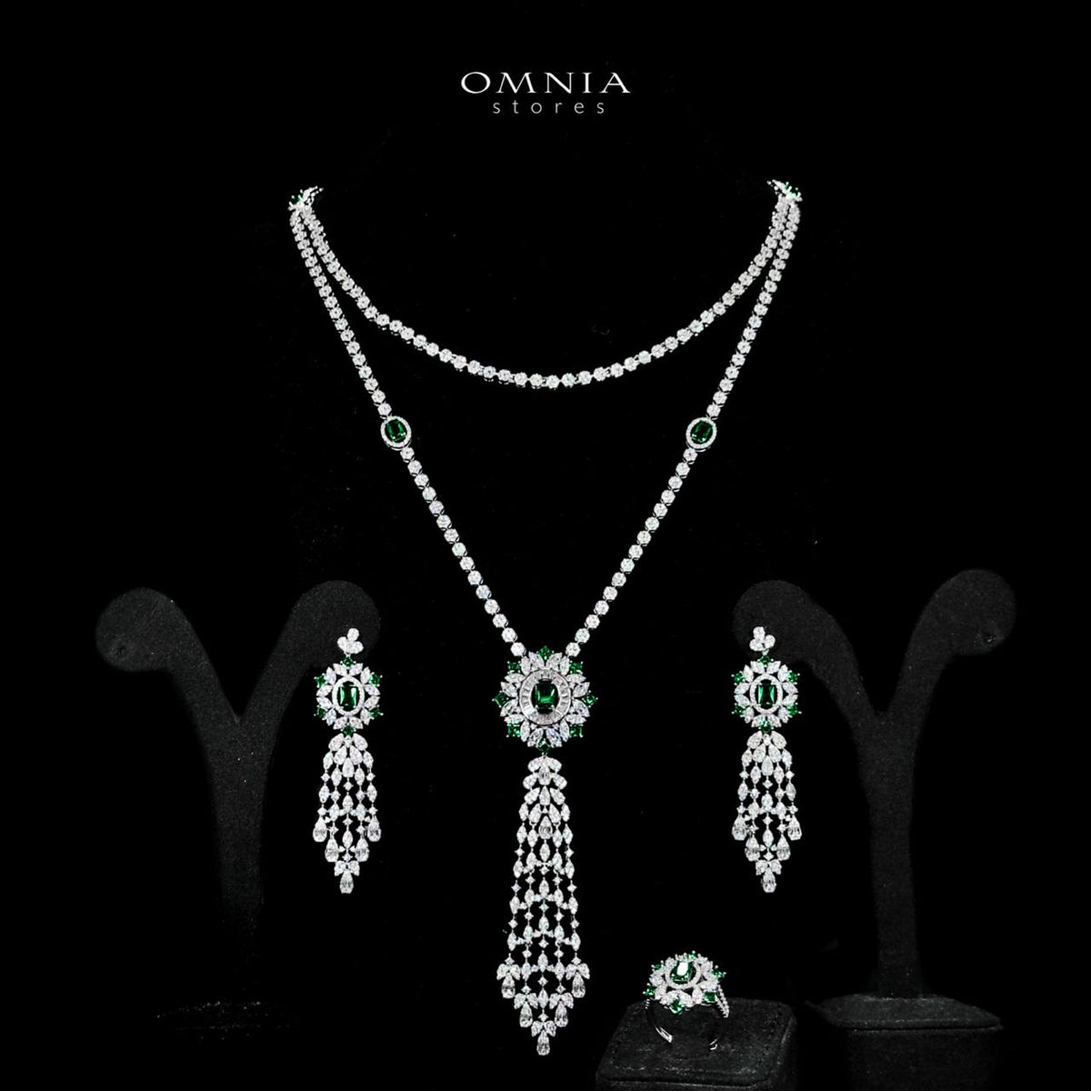 Omnia Ola Green Bridal Long chain Set Accessories in High Quality Zircon Stone Rhodium Plated - OMNIASTORES UAE