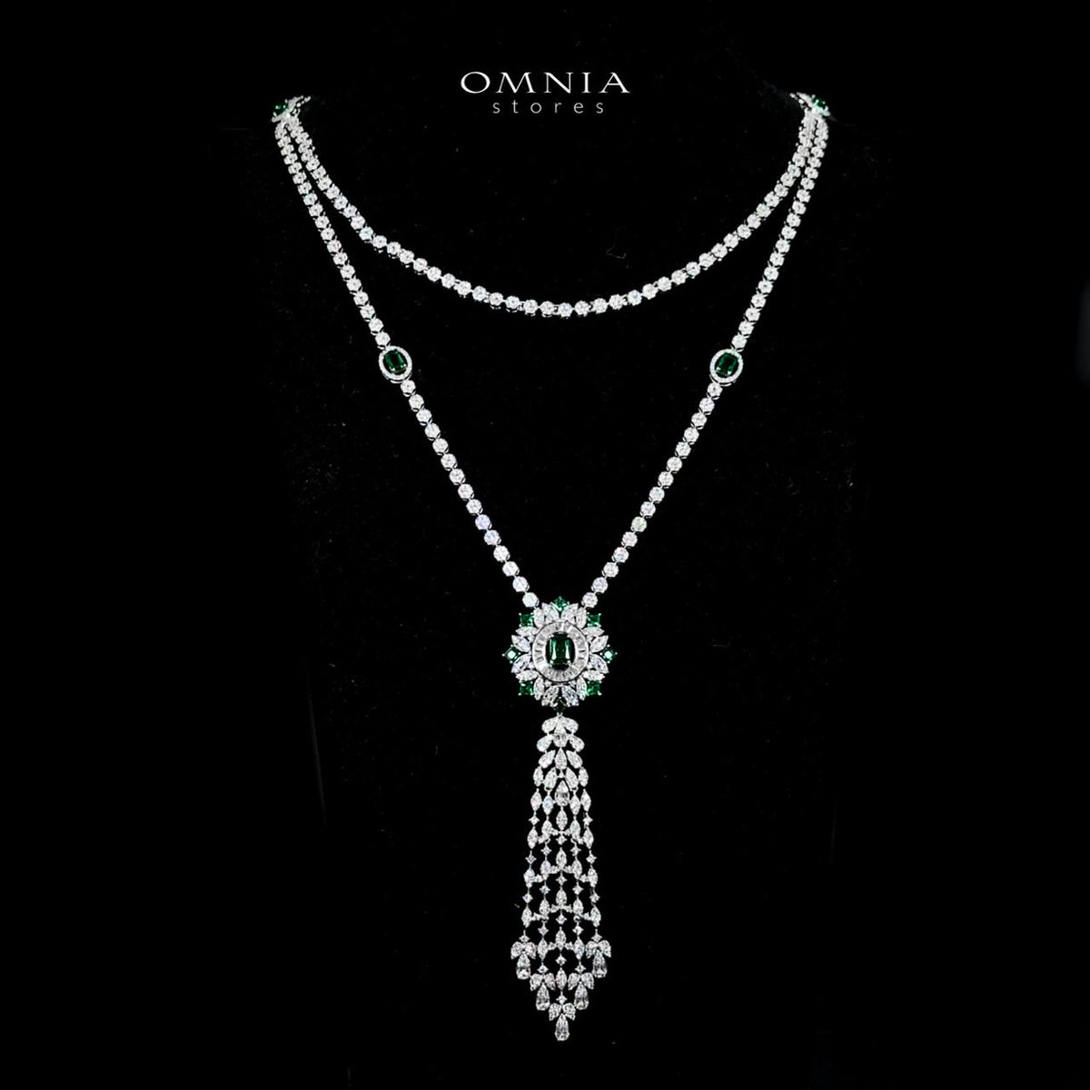 Omnia Ola Green Bridal Long chain Set Accessories in High Quality Zircon Stone Rhodium Plated - OMNIASTORES UAE