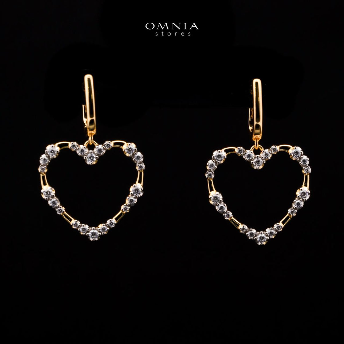 Omnia Bashair Golden Heart Drop Earrings in 925 Silver with High-Quality White Simulated Diamonds - OMNIASTORES UAE