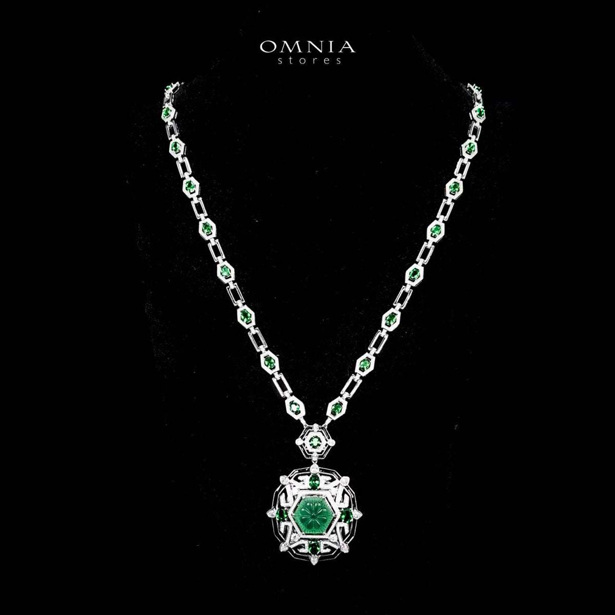 Omnia Siwar Silver Long Chain Necklace and Earrings Set 925 Silver in High Quality Green Simulated Diamonds Stones - OMNIASTORES UAE