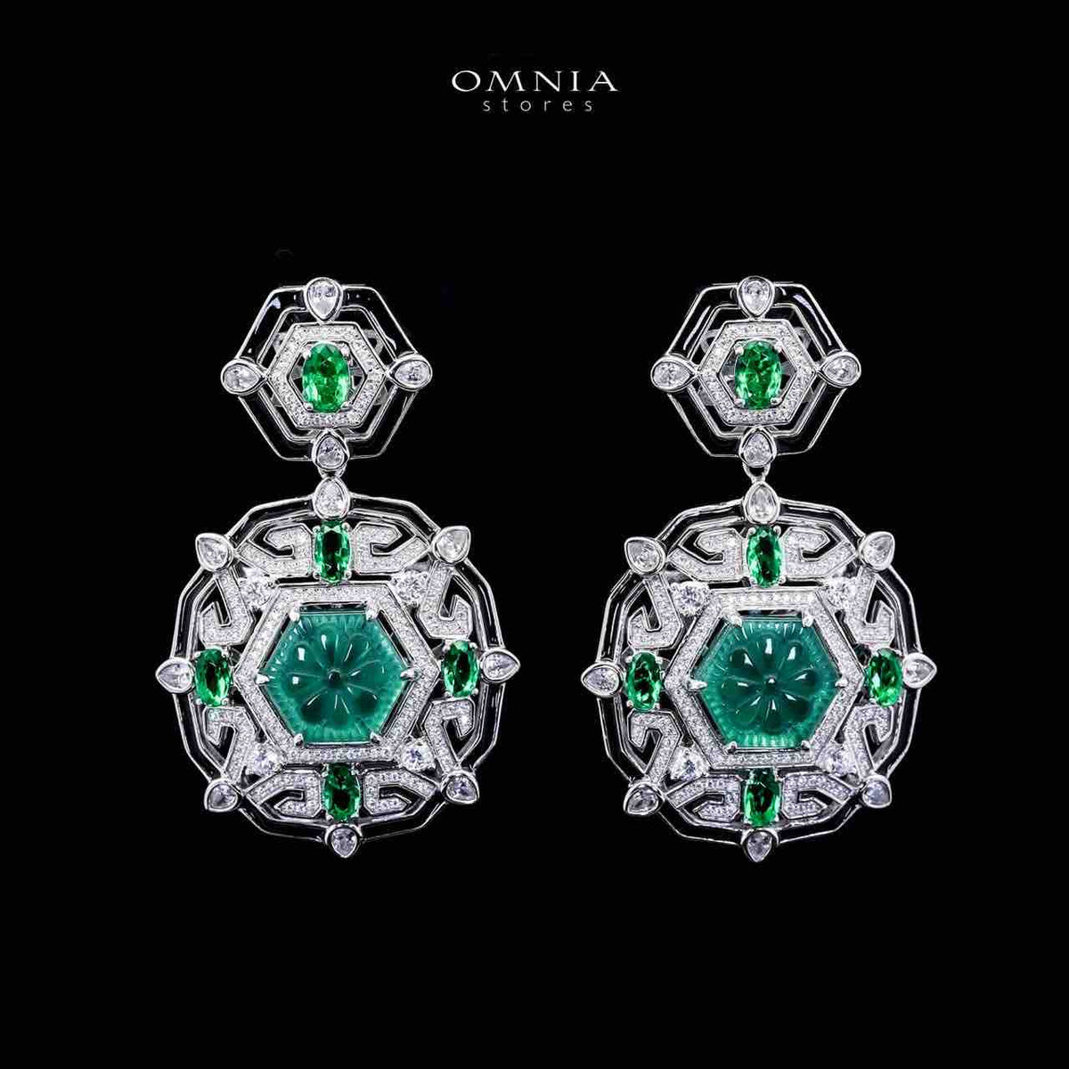 Omnia Siwar Silver Long Chain Necklace and Earrings Set 925 Silver in High Quality Green Simulated Diamonds Stones - OMNIASTORES UAE
