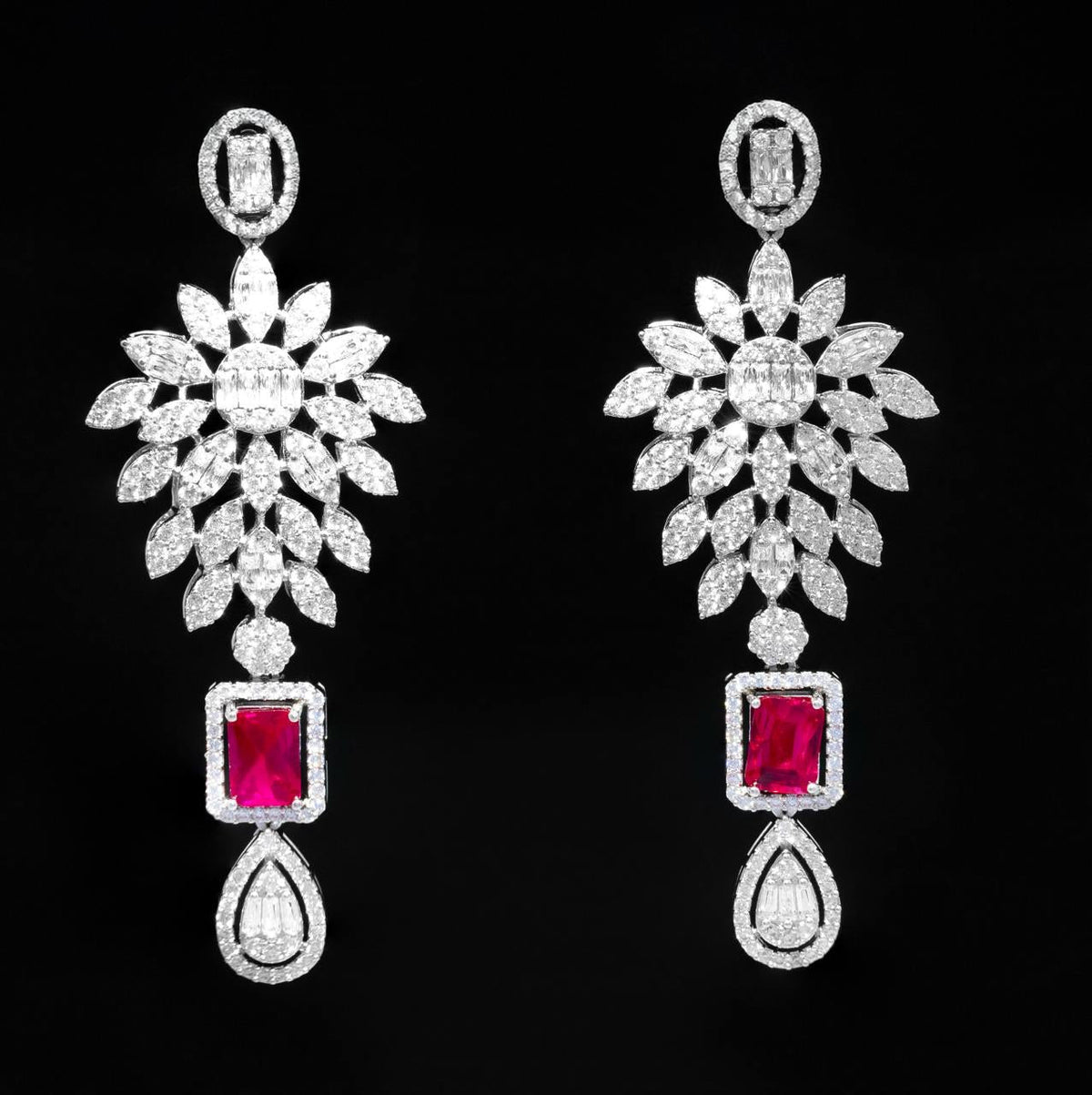 Omnia Duha Red Long Chain Full Set Accessories in High Quality Zircon Stone Rhodium Plated - OMNIASTORES UAE