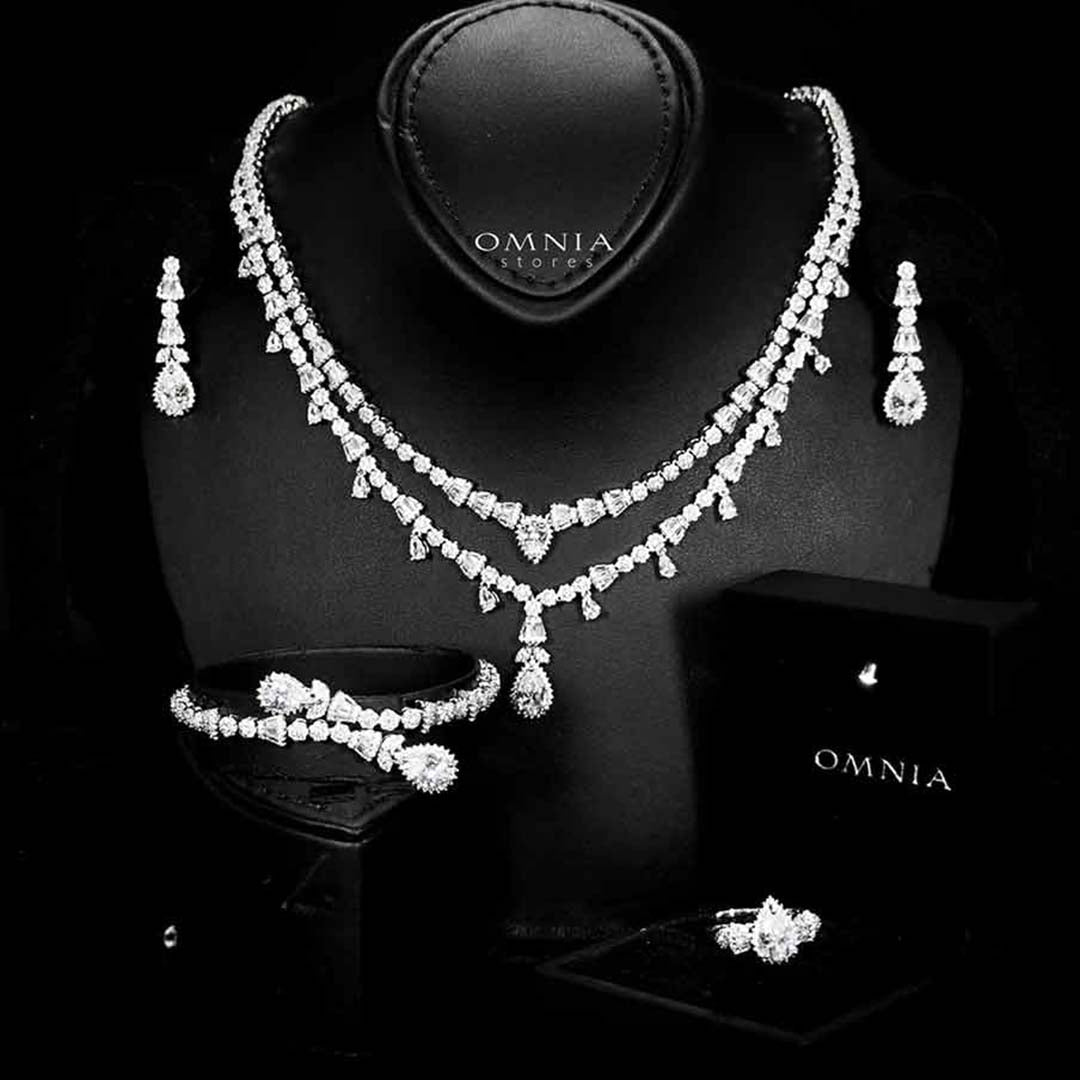 Omnia Ghada White Bridal Full Set Accessories in High Quality Zircon Stone Premium Rhodium Plated - OMNIASTORES UAE