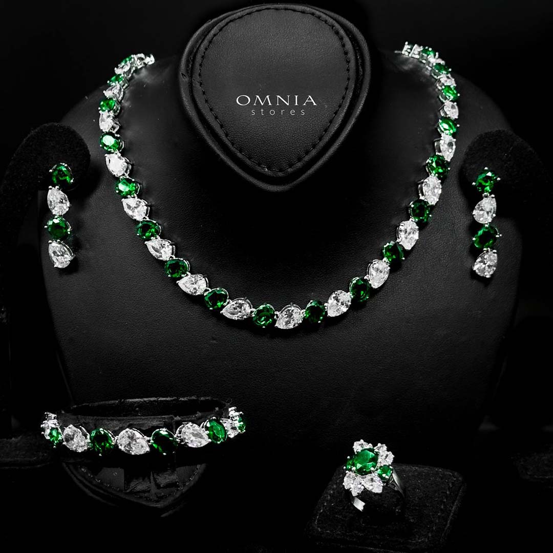 Omnia Lamia Green and White Bridal Full Set with High Quality Simulated Diamonds Premium Rhodium Plated - OMNIASTORES UAE
