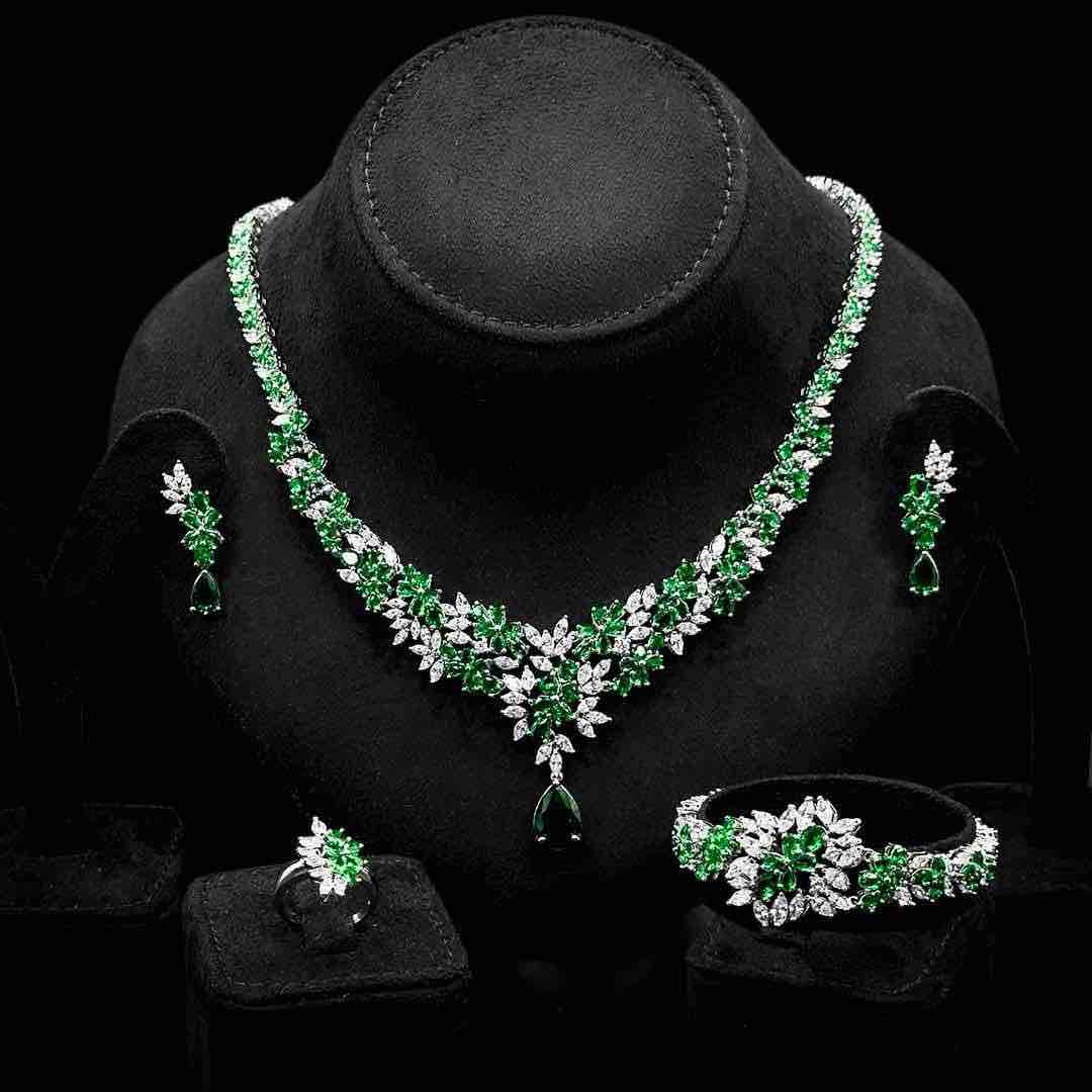 Omnia Nourah Green Bridal Full Set in High Quality Simulated Diamonds Premium Rhodium Plated - OMNIASTORES UAE