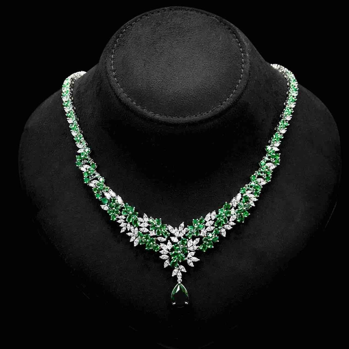 Omnia Nourah Green Bridal Full Set in High Quality Simulated Diamonds Premium Rhodium Plated - OMNIASTORES UAE