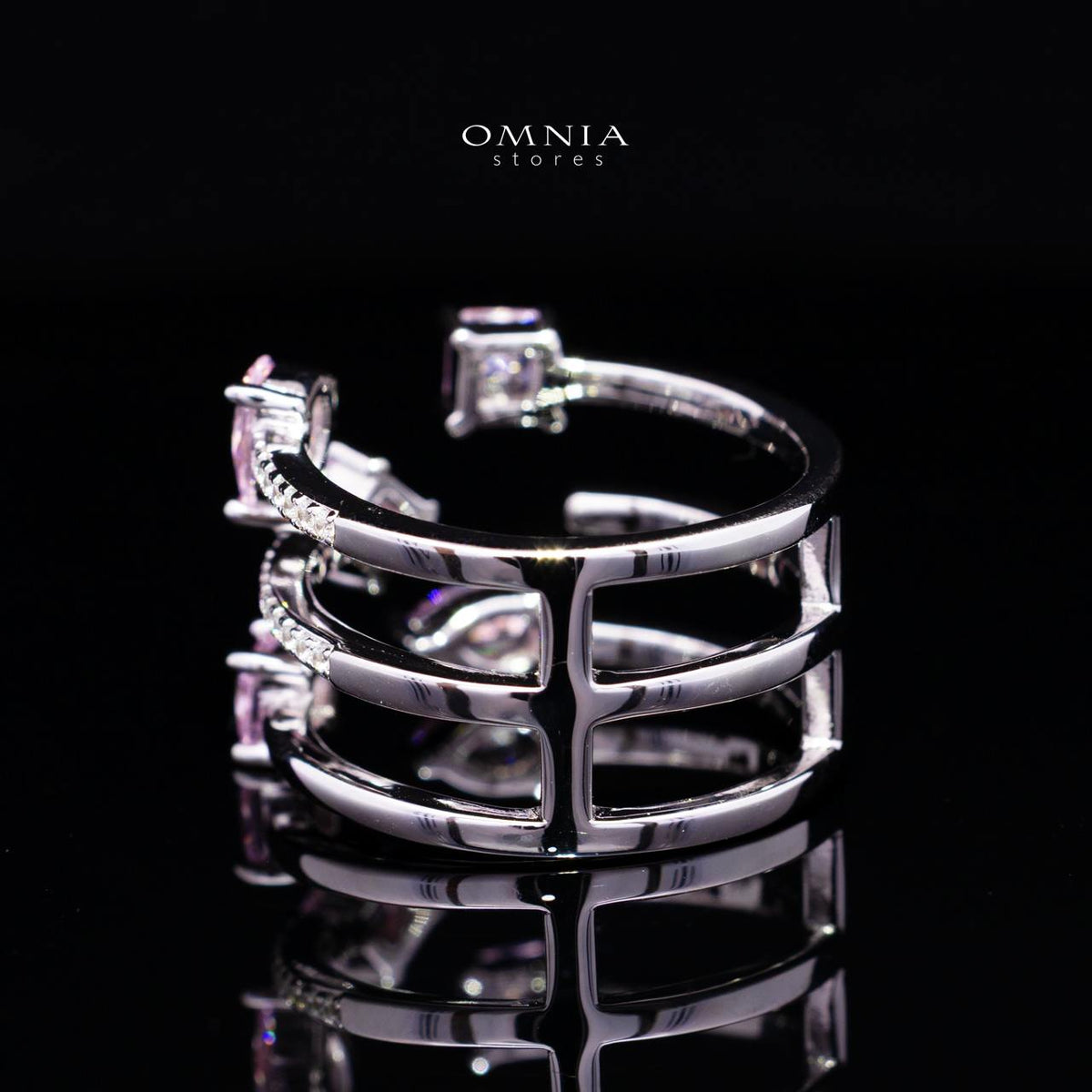 Kareenah Pink Open Cuff Ring in 925 Silver with Premium Simulated Diamonds