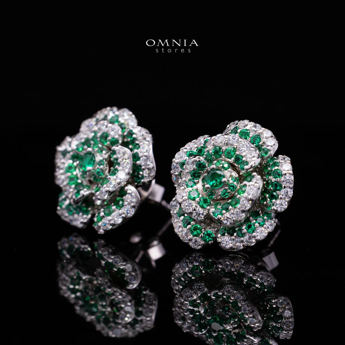 Safiyah Green Rose Stud Earrings 925 Sterling Silver | Premium Brilliant-Cut Simulated Diamonds