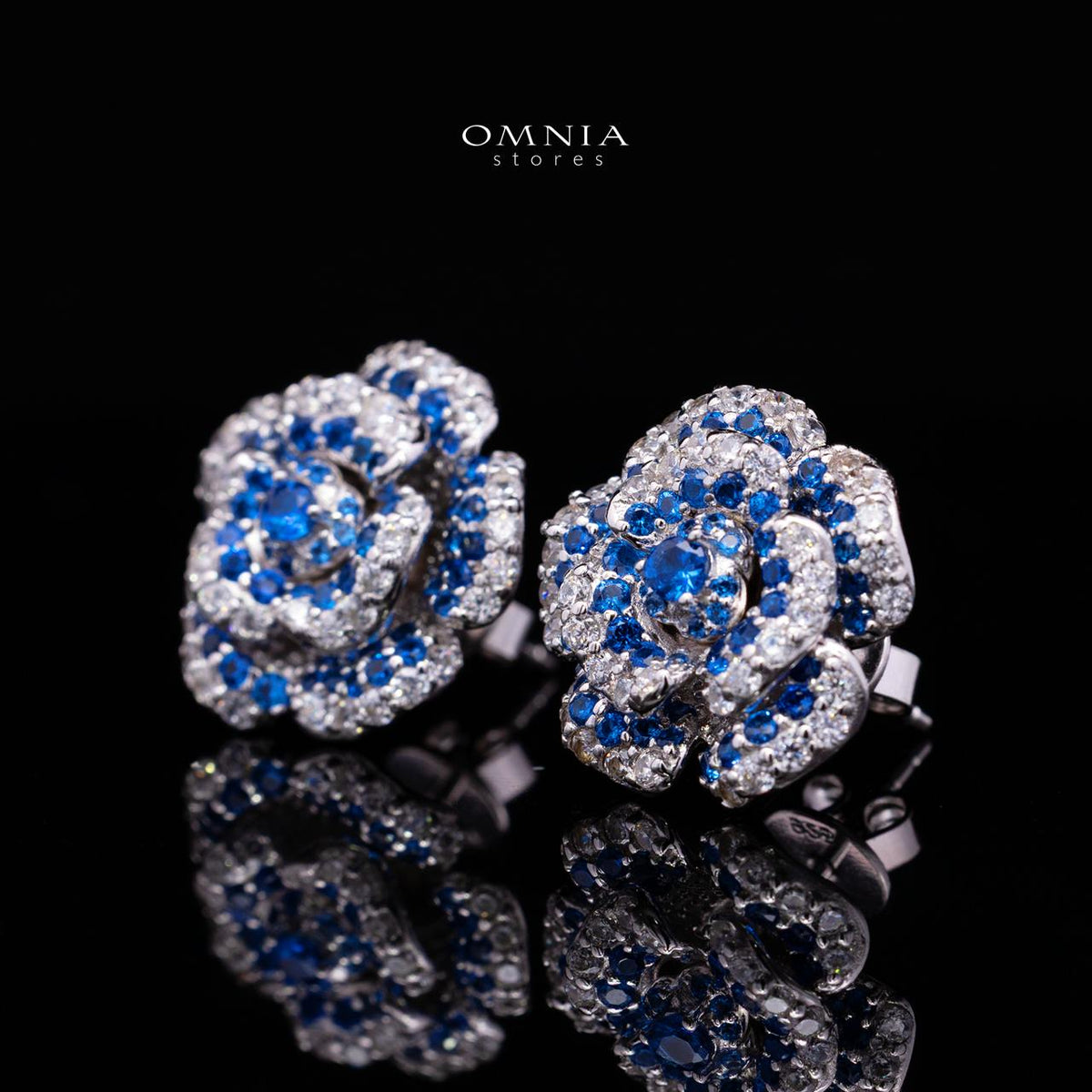Safiyah Blue Rose Stud Earrings 925 Sterling Silver | Premium Brilliant-Cut Simulated Diamonds