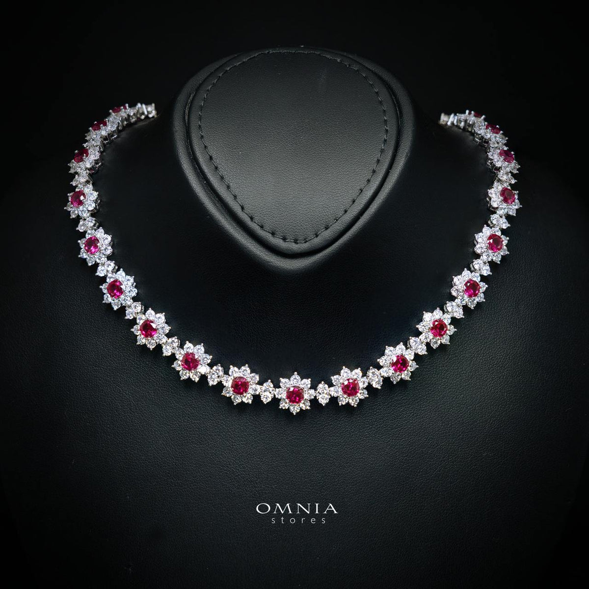 Talyra Red Flower Necklace with High-Quality Premium Simulated Diamonds in 925 Sterling Silver