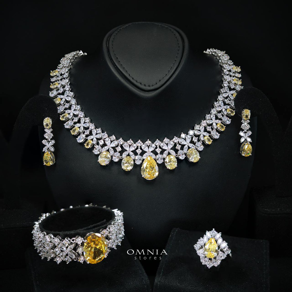 Omnia Suhana Yellow Bridal Full Set in High Quality Simulated Diamonds Premium Rhodium Plated