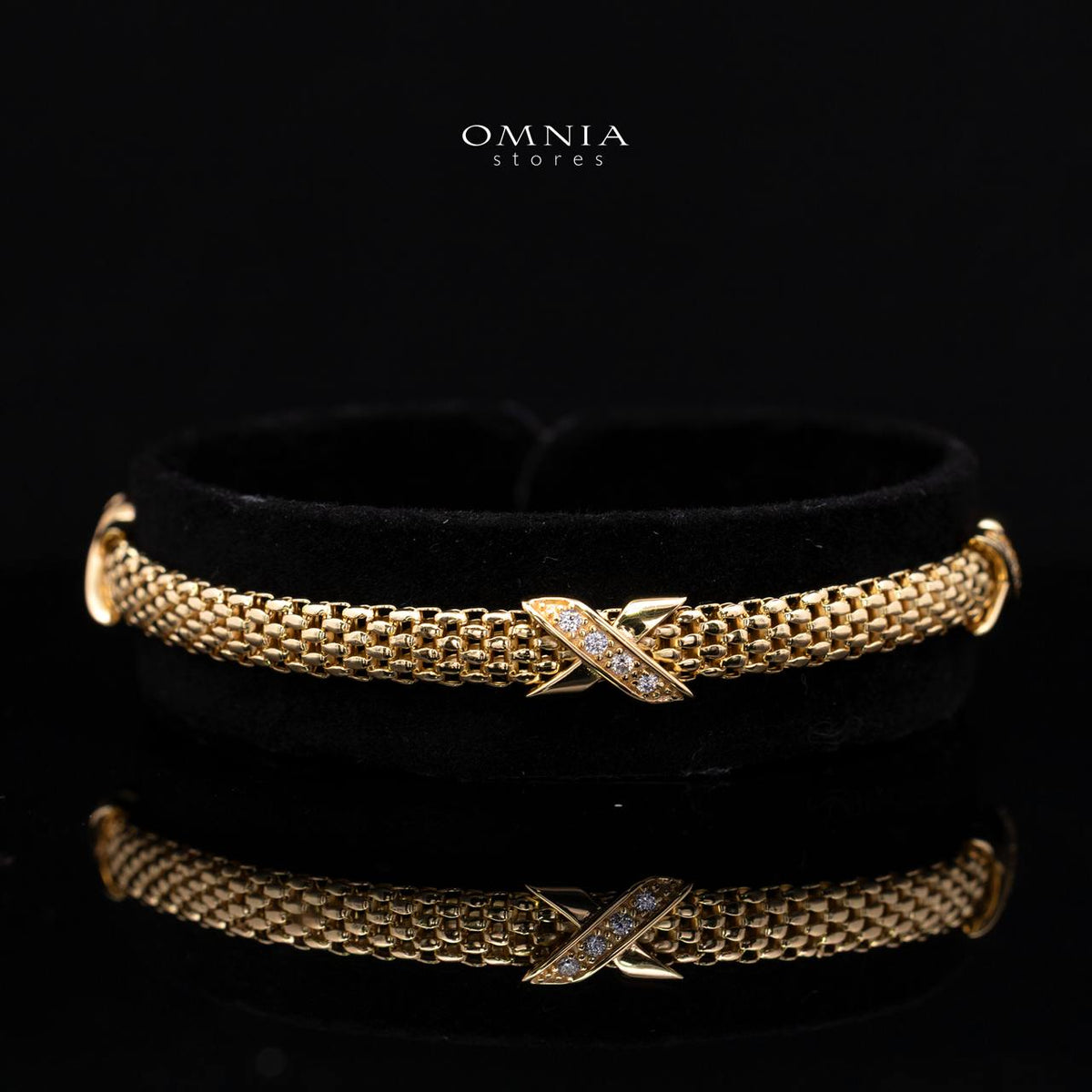 Cyrene Mesh Chain X-Cross Gold-Plated Bracelet with Premium Simulated Diamonds and Certificate in 925 Sterling Silver