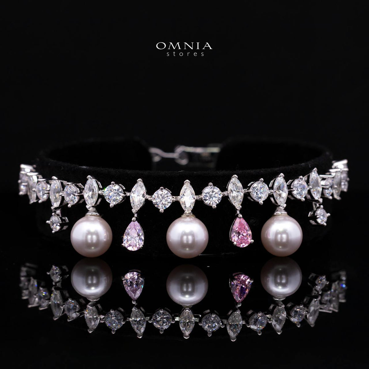 Eleniya Pearl and Pink Diamond Bracelet with Premium Simulated Diamonds and Certificate in 925 Sterling Silver
