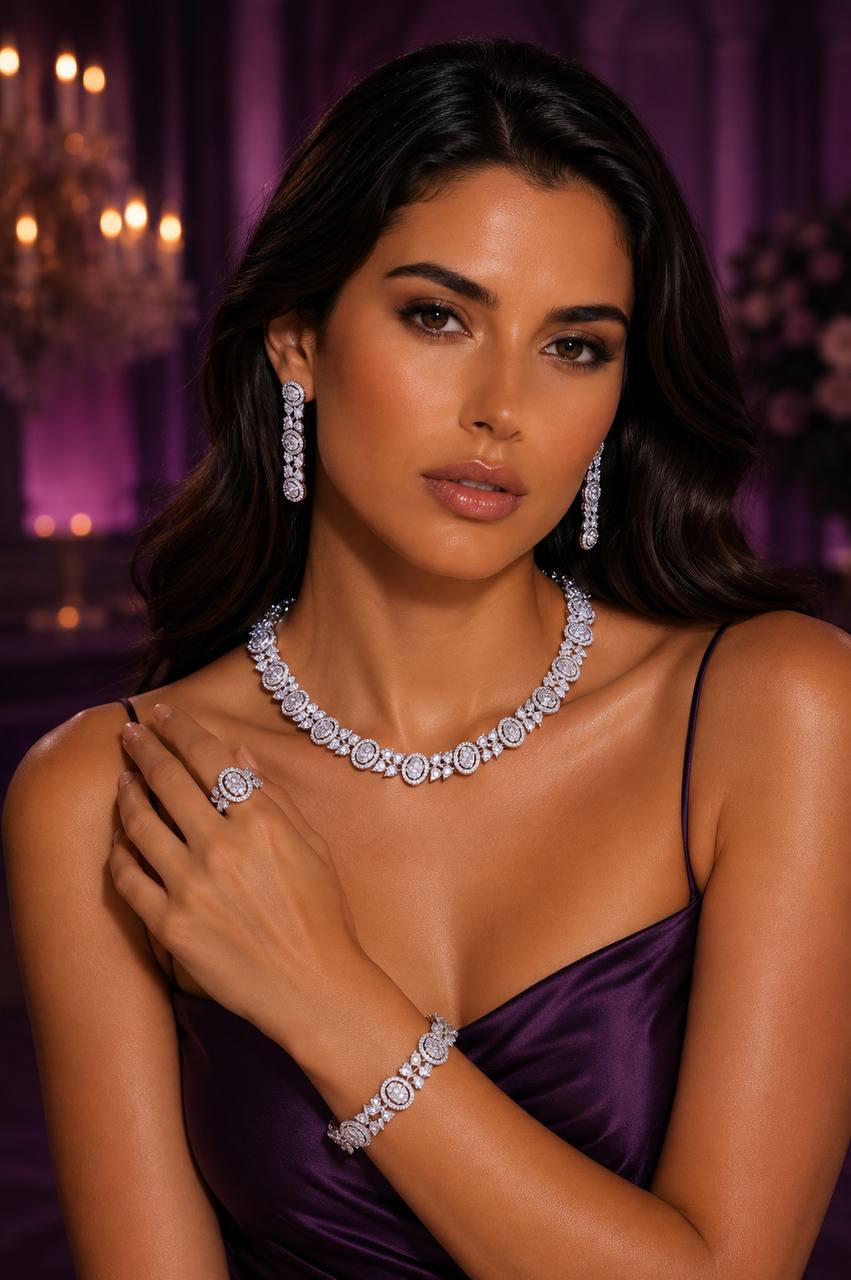 Omnia Rahima White Luxury Bridal Full Set with High Quality Zircon Stone Premium Rhodium Plated