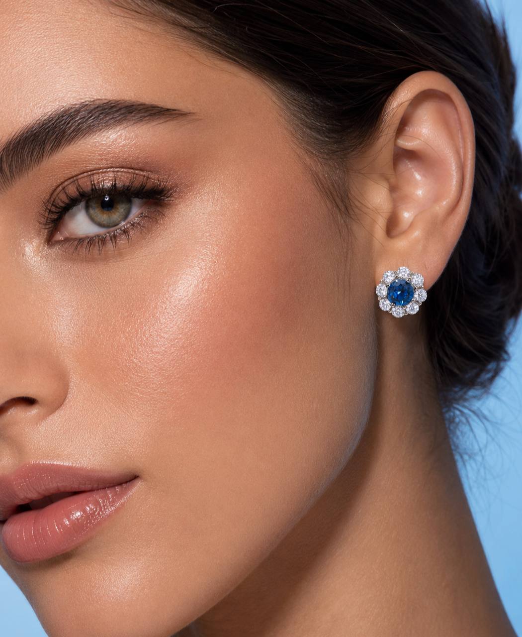 Houriya Blue and White Floral Earrings With High Quality Simulated Diamonds in 925 Silver