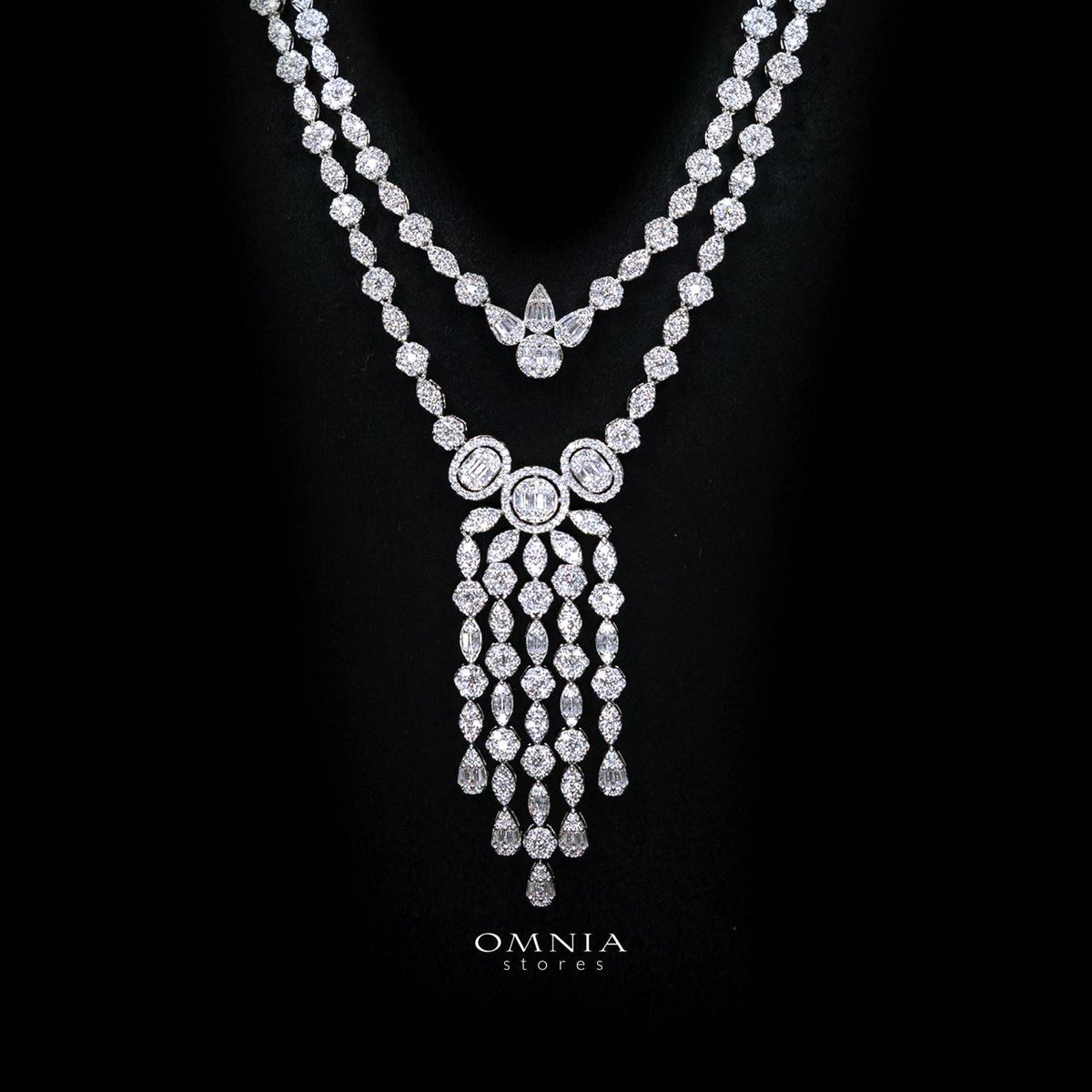 Avena White Long Chain Necklace and Earring Set with High-Quality Simulated Diamonds and Rhodium Plating
