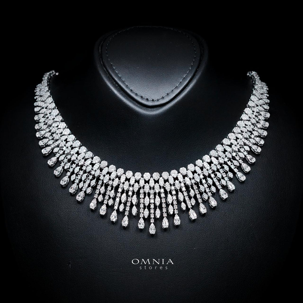 Sabriyya Royal White Fringe Drop Bridal Full Set with Premium Zircon Stones, Rhodium-Plated Finish