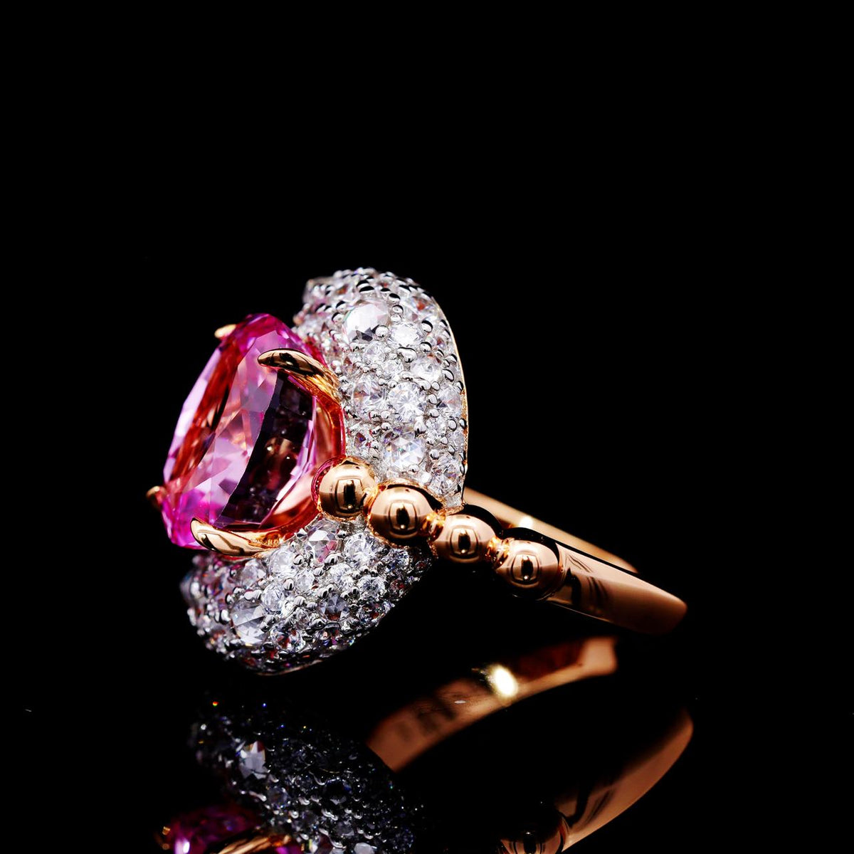 Ghadeer Pink Ring with Certificate | High-Quality Simulated Diamonds in 925 Sterling Silver, Rose Gold Plated