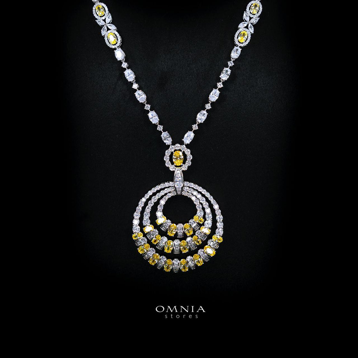 Selestine Yellow Long Chain Necklace and Earring Set with High-Quality Simulated Diamonds and Rhodium Plating