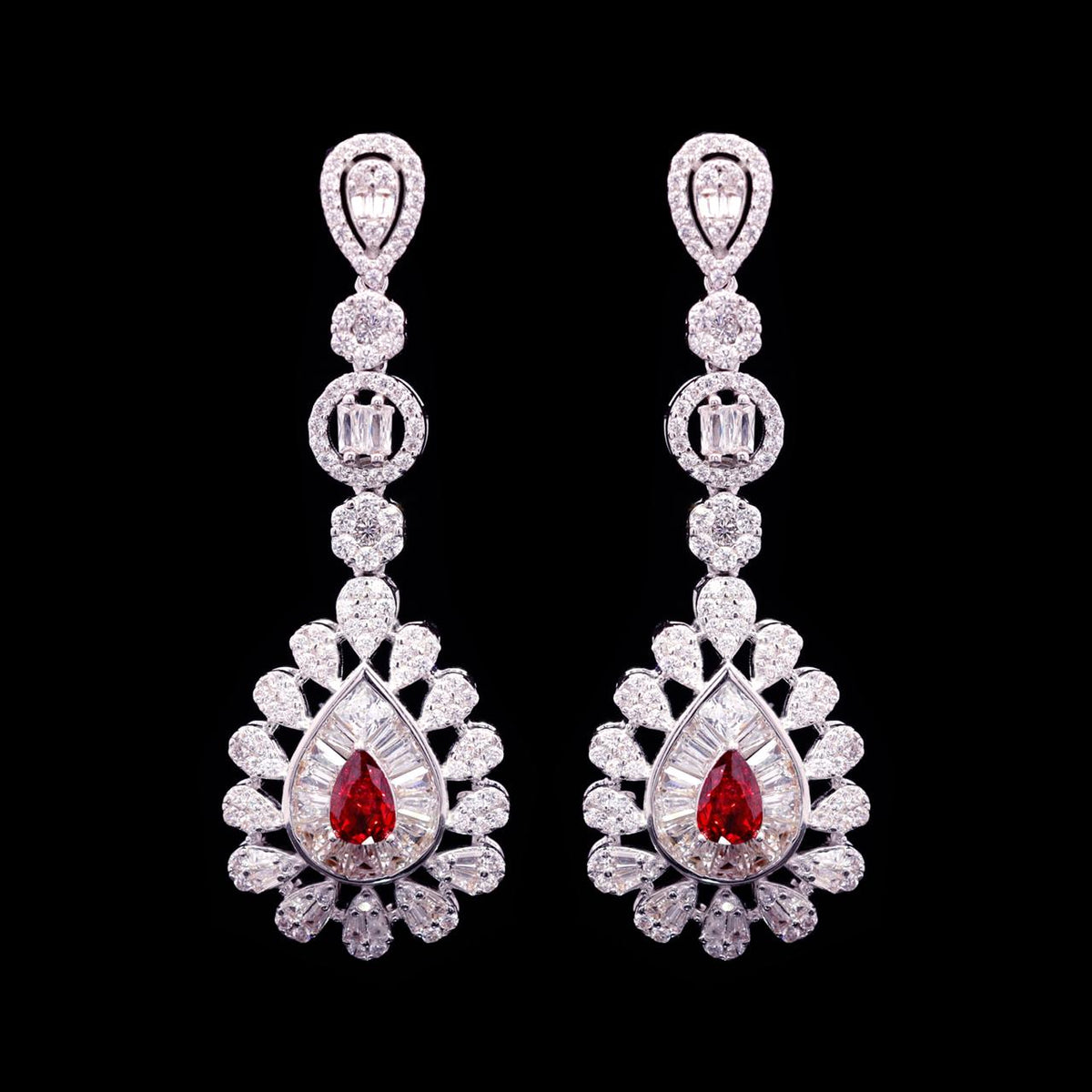 Omnia Ahad Bridal Red Long Chain Set in Rhodium Plated With High-Quality Zircon Stones