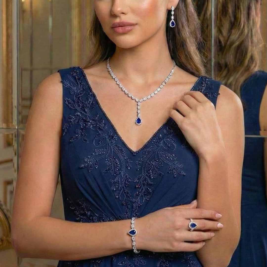 Omnia Radya Blue Bridal Full Set in High Quality Zircon Stone Premium Rhodium Plated - OMNIASTORES UAE