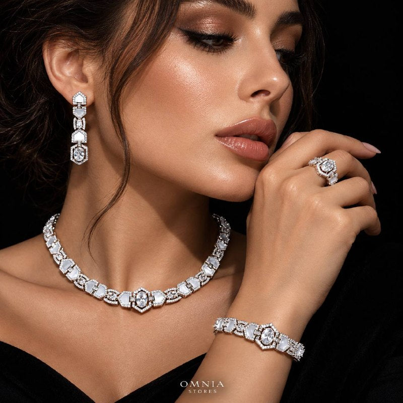 Omnia Rihana White Luxury Bridal Full Set Accessories in High Quality Zircon Stone Premium Rhodium Plated