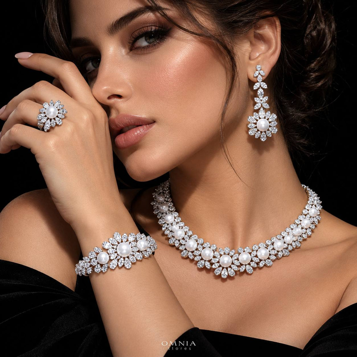 Omnia Rukaya Floral Pearl Luxury Bridal Full Set High Quality Zircon Stone Premium Rhodium Plated