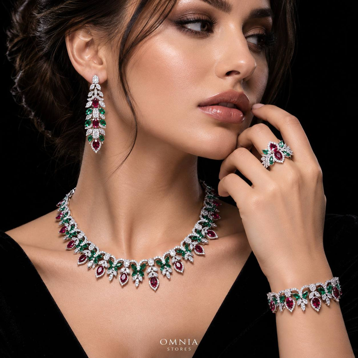 Omnia Simra Multicolor Luxury Bridal Full Set In High Quality Zircon Stone Premium Rhodium Plated