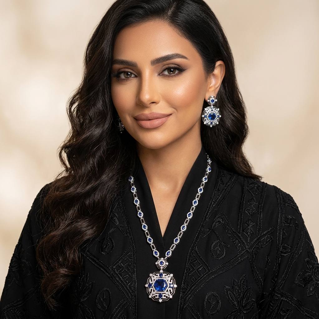 Omnia Siwar Silver Long Chain Necklace and Earrings Set 925 Silver in High Quality Blue Simulated Diamond Stones - OMNIASTORES UAE