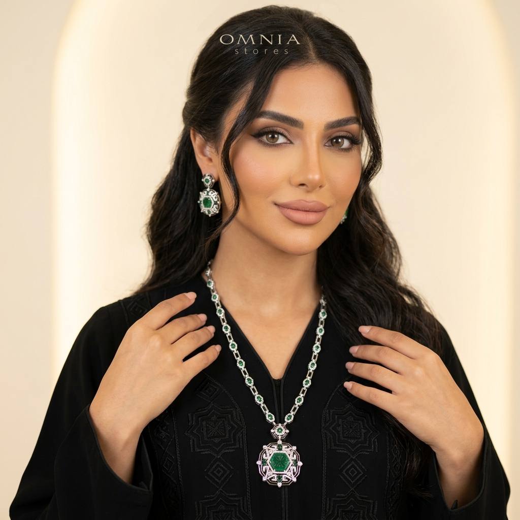 Omnia Siwar Silver Long Chain Necklace and Earrings Set 925 Silver in High Quality Green Simulated Diamonds Stones - OMNIASTORES UAE