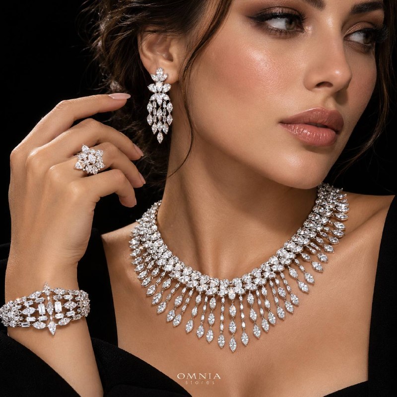 Omnia Soheila White Luxury Bridal Full Set with Emerald and Pear-Cut High Quality Simulated Diamonds Premium Rhodium Plated