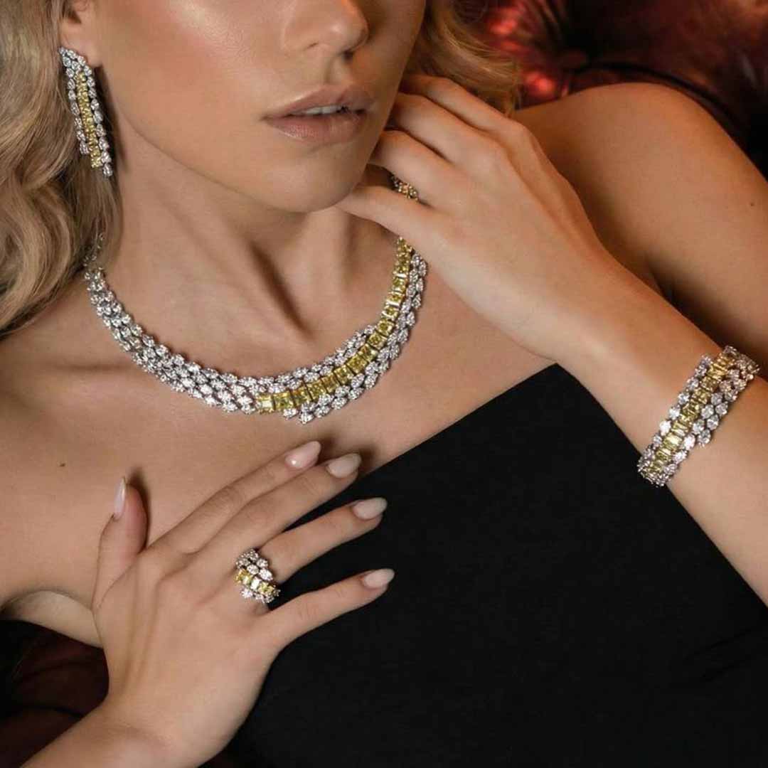 Omnia Trinity Yellow Luxury Bridal Full Set in High Quality Zircon Stone in Rhodium Plated - OMNIASTORES UAE