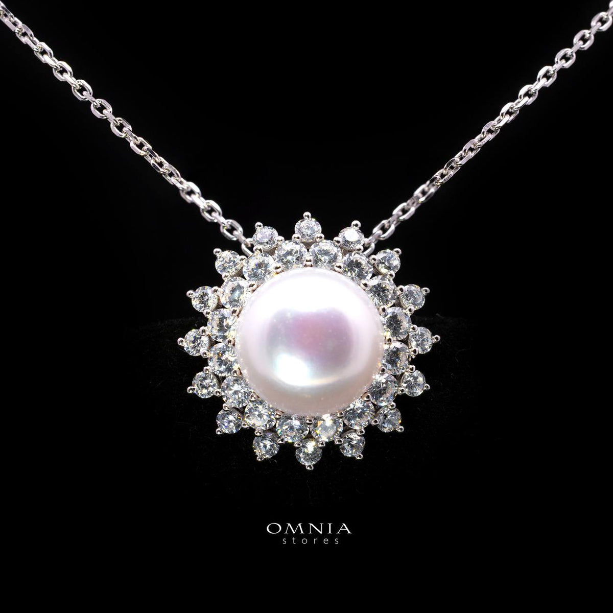 Tasneema Pearl Necklace with High-Quality Premium Simulated Diamonds in 925 Sterling Silver