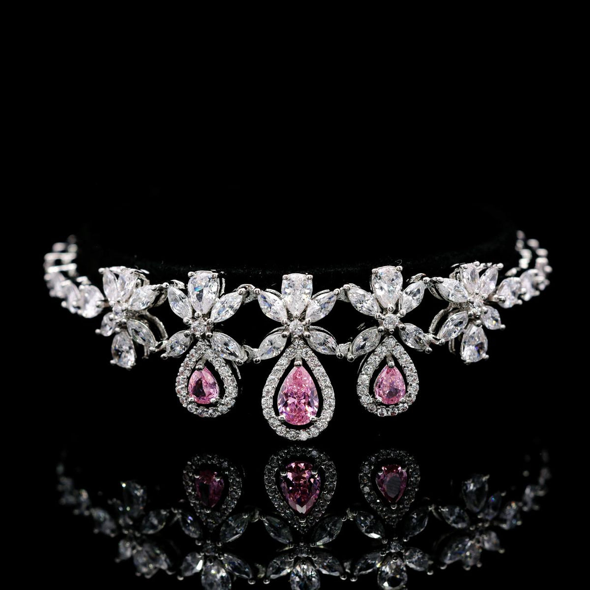 Omnia Ayla Pink Bridal Full Set with High-Quality Zircon Stones, Premium Rhodium-Plated