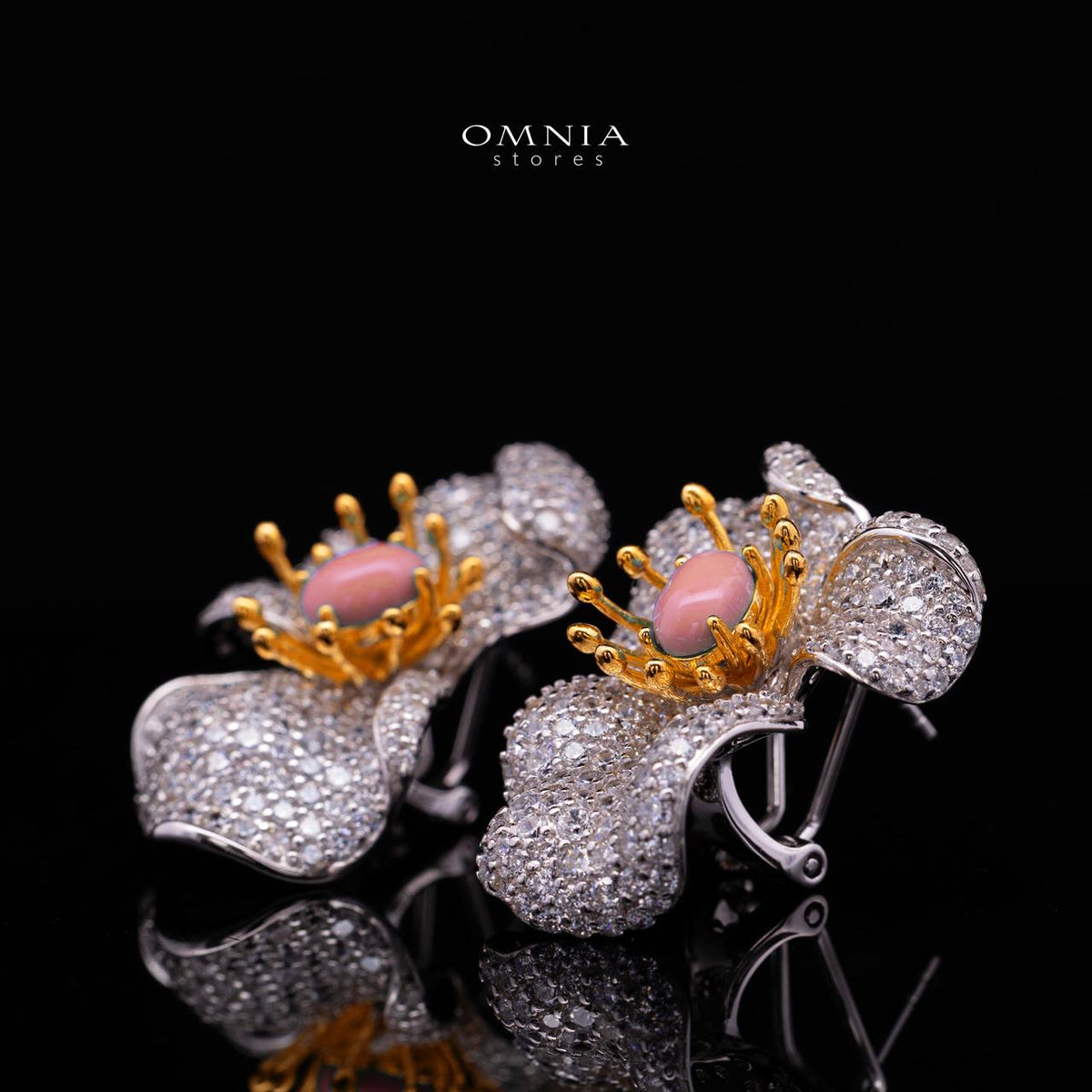 Omnia Shidha Pink Coral Flower Silver Earrings in 925 Silver High Quality White Simulated Diamond Stones