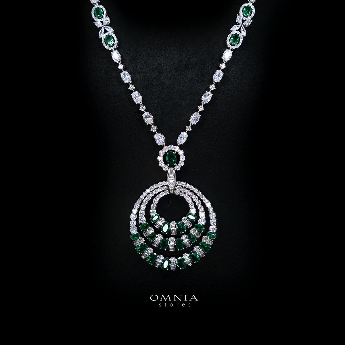 Selestine Green Long Chain Necklace and Earring Set with High-Quality Simulated Diamonds and Rhodium Plating