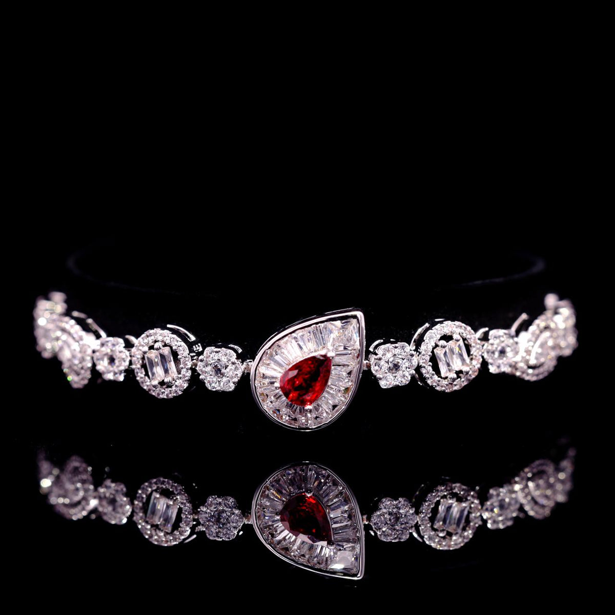 Omnia Ahad Bridal Red Long Chain Set in Rhodium Plated With High-Quality Zircon Stones