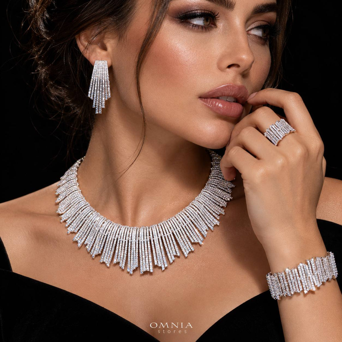 Omnia Zuhaira White Luxury Bridal Full Jewelry Set with High-Quality Zircon Stones Premium Rhodium Plated