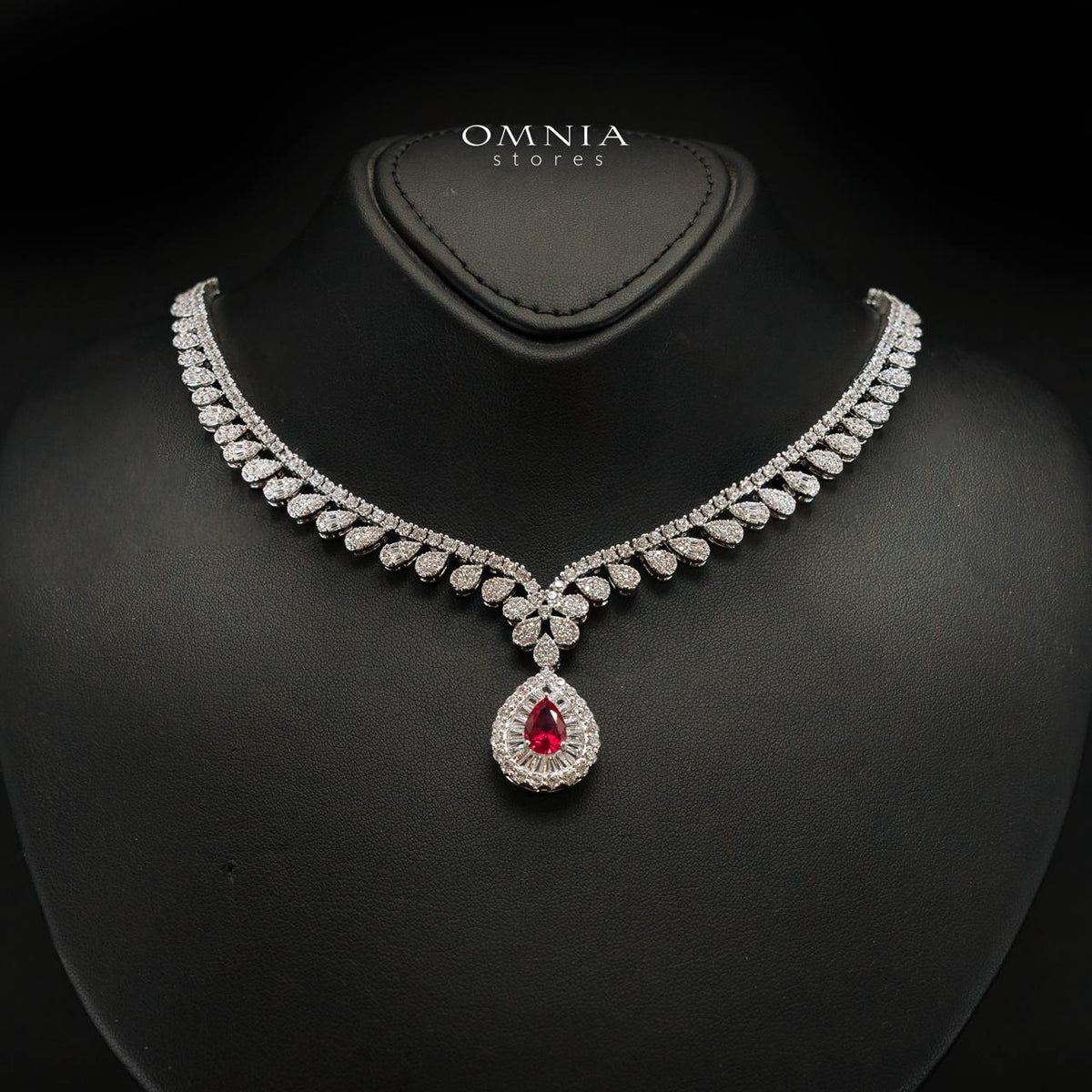 Valerie Red Luxury Bridal Full Set in High-Quality Rhodium-Plated Finish with Premium Zircon Stones