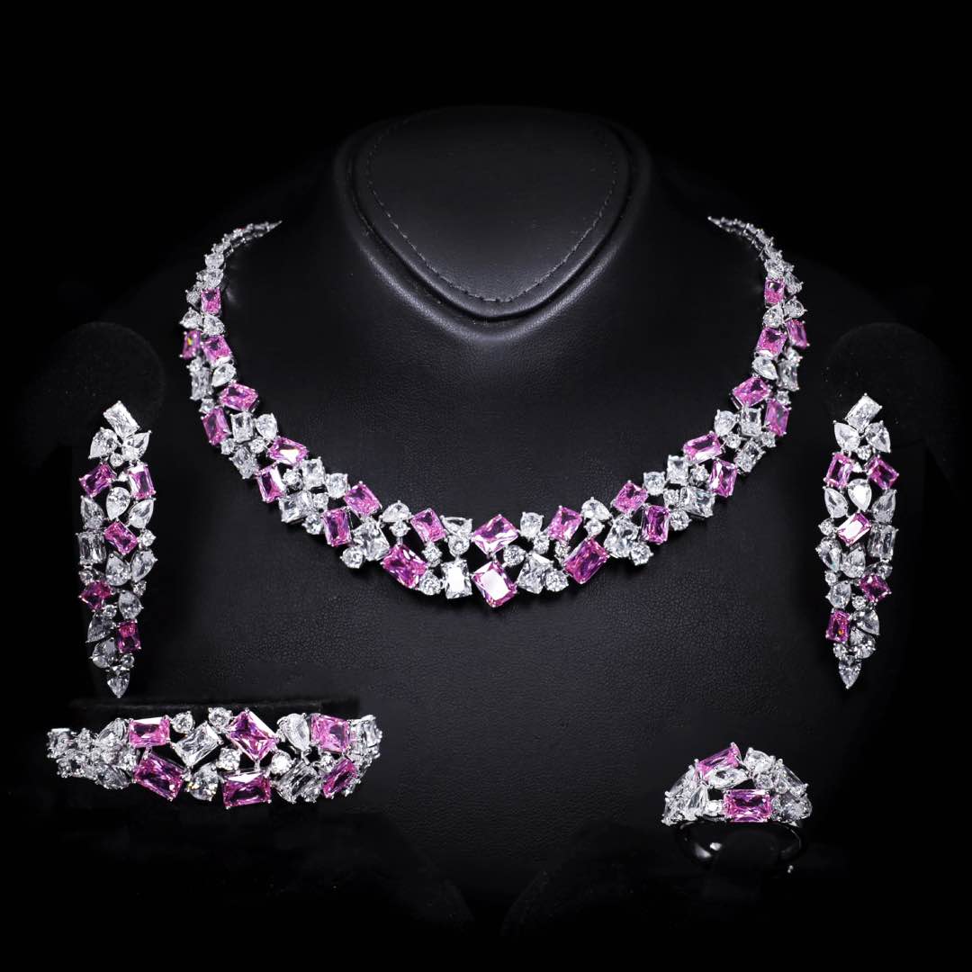 Omnia Anastasia Pink Luxury Bridal Full Set in High Quality Zircon Stone in Rhodium Plated