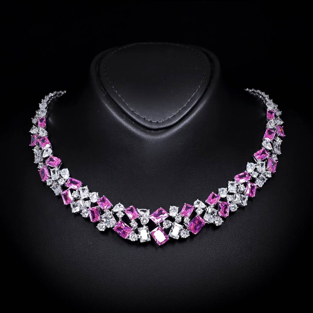 Omnia Anastasia Pink Luxury Bridal Full Set in High Quality Zircon Stone in Rhodium Plated