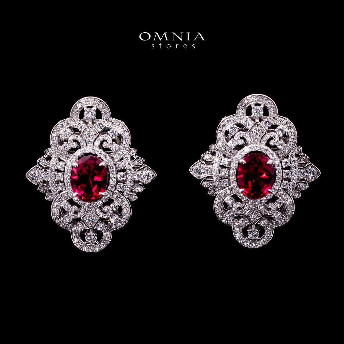 Omnia Bayan Red Coral Stud Earrings in 925 Silver with High Quality Simulated Diamonds - OMNIASTORES UAE