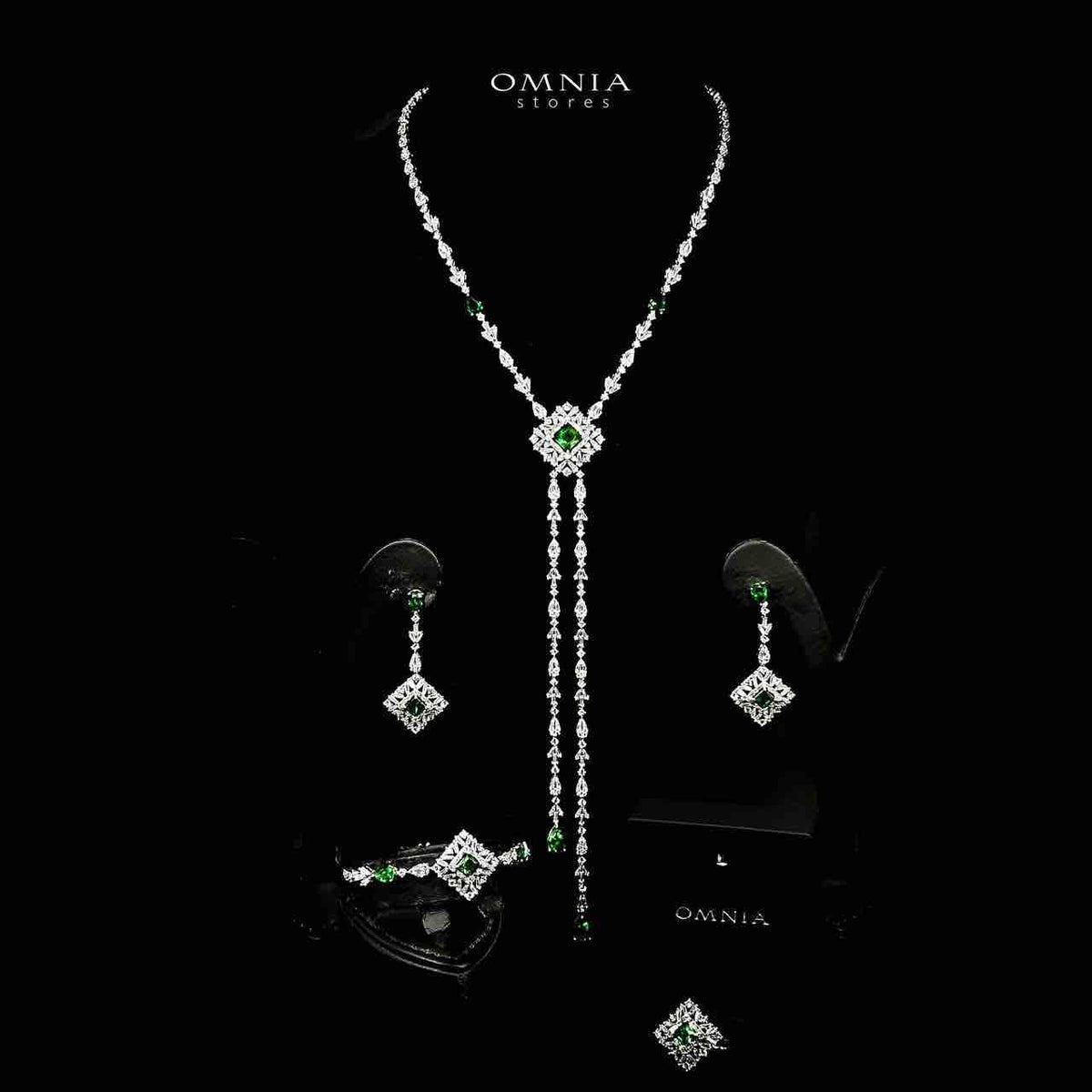 Omnia Donya Green Long Chain Full Set in High Quality Zircon Stone in Rhodium Plated - OMNIASTORES UAE