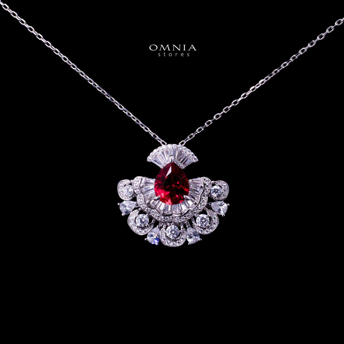 Omnia Aleyna Red Stone Silver Pendant Necklace in 925 Silver with High Quality Simulated Diamonds - OMNIASTORES UAE