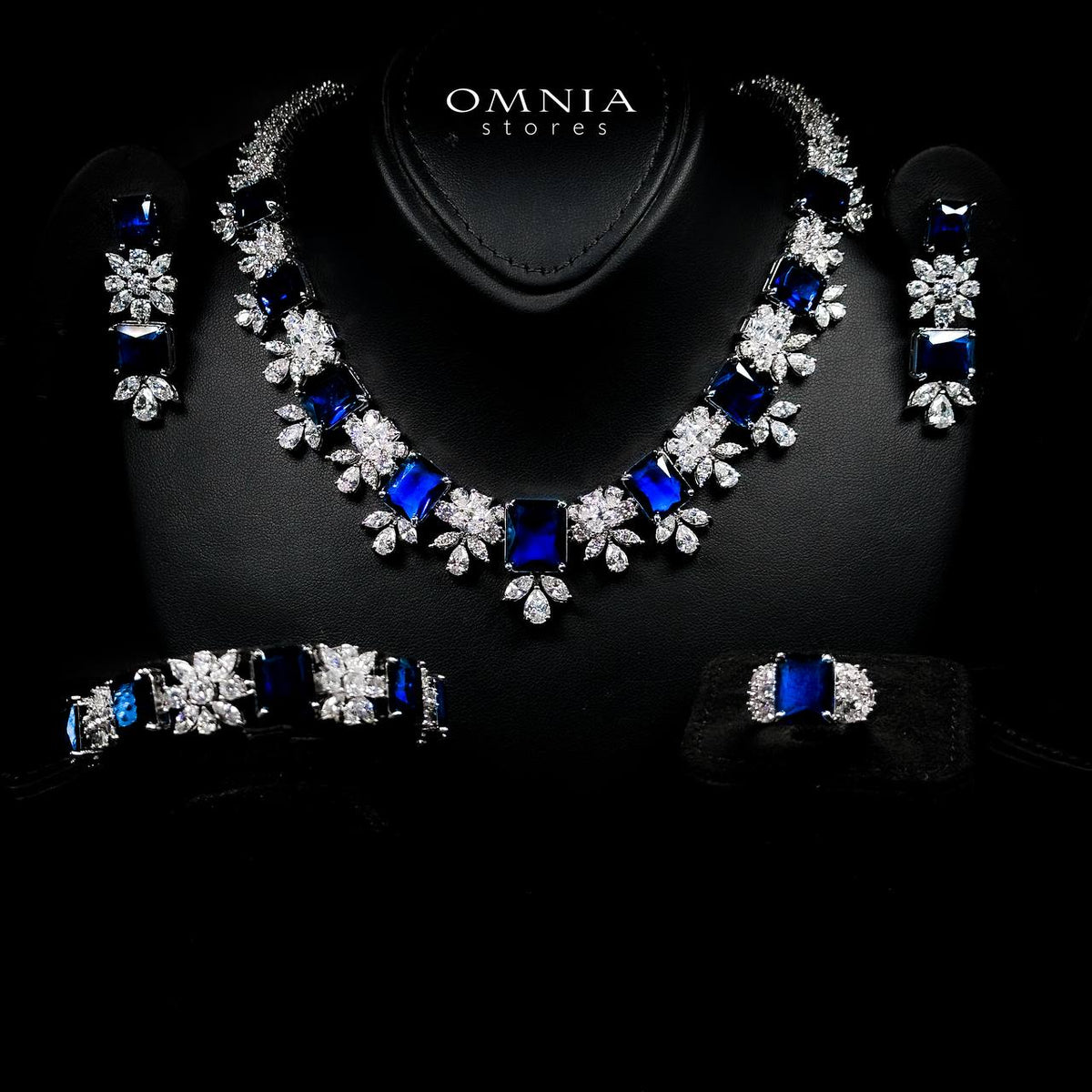 Omnia Charlotte Blue Luxry Bridal Full Set with Emerald and Pear-Cut High Quality Simulated Diamonds Premium Rhodium Plated - OMNIASTORES UAE