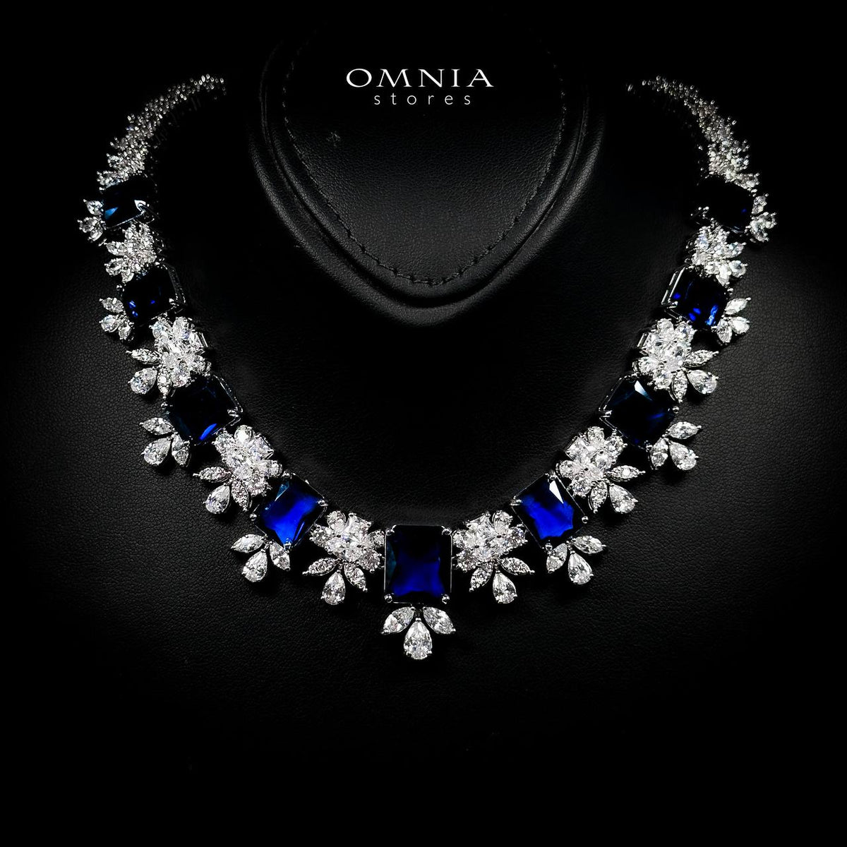 Omnia Charlotte Blue Luxry Bridal Full Set with Emerald and Pear-Cut High Quality Simulated Diamonds Premium Rhodium Plated - OMNIASTORES UAE