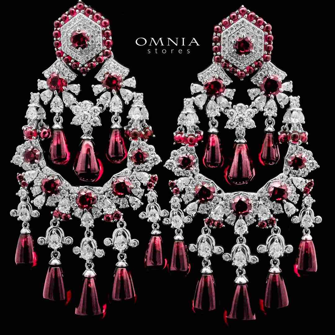 Omnia Nawwar Red and Pink Drop Earrings With High Quality Lab Crafted Diamonds In 925 Silver - OMNIASTORES UAE